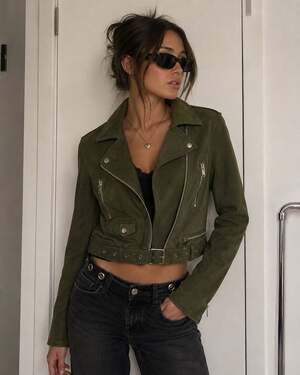 Zara Basic Olive Green Faux Suede Moto Biker Jacket Belted Y2K Women’s M